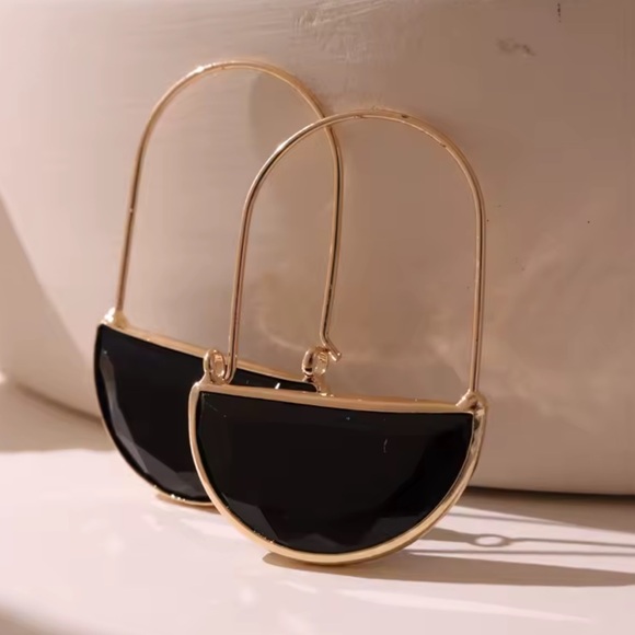 Anthropologie Black Glass Crescent Hoop Gold Earrings - Picture 2 of 3